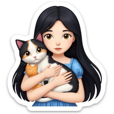 A beautiful girl with long black hair wearing a dress hugs a cat of three colors sticker