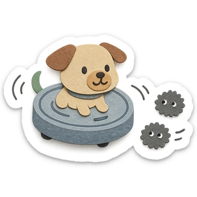 cute puppy-shaped vacuum robot spinning and chasing dust bunnies, soft grey pastel, full-body sticker