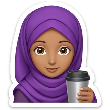 A hijab girl with big brown eyes and purple scarf,with small smile,and a travel mug in her hands. sticker