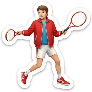 Marty McFly playing tennis, wearing his iconic red jacket and futuristic sneakers, holding a tennis racket, dynamic pose, retro-futuristic style, vibrant colors, simple and clean design, emoji-style illustration. sticker