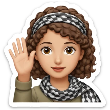 Palestinian girl emoji style, waving, short curly brown hair, wearing a keffiyeh headband, friendly face, plain background sticker