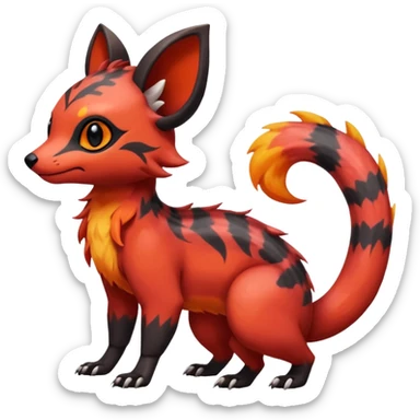 Rare tropical warm-colored exotic cute epic aesthetic colorful Salandit-Eevee-Civet-species-Fakemon-hybrid-creature, with wild fiery markings, full body sticker