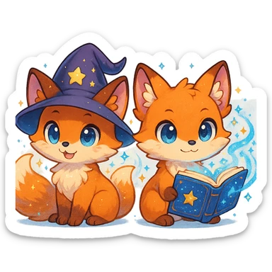 chibi anime style fox duo, both magical, one with a wizard hat, the other with a magical book, cute, colorful, detailed sticker