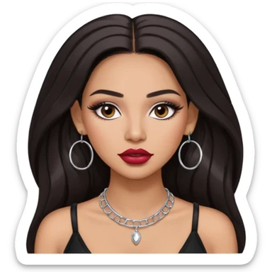 Latina makyaj olsun, düz fiyatlar, halka küpeler büyük gümüş renginde olsun, kolye taksın gümüş renginde. Günümğzdeki latina girl ler gibi olsun saçı uzun olsun. crop olmasın baddy giyisin. makyaj bol olsun, dudak kalemi dudağını dolgun yapsın, kirpiği olsun, saçı kaparık olmasın sticker