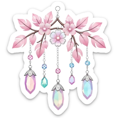 Hanging Iridescent pastel pink sakura crystals white-pearly suncatcher with bells and feathers sticker