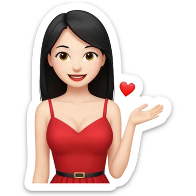 Chica joven pelo sémi largo color negro lacio delgada con con pechos grandes vestido rojo con sonrisa amigable y guiñando el ojo sticker
