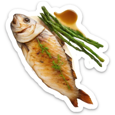grilled fish small 3 fillet with brown butter sauce on white plate sticker