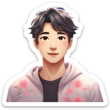 Gorgeous bright sparkly romantic Asian anime style guy with blushing face and flowers aesthetic trending style outside sticker