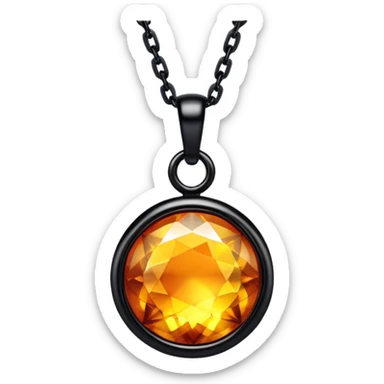 extreme close up of a round cut holographic amber charm with black setting and black chain, chain and setting very close to the gem sticker