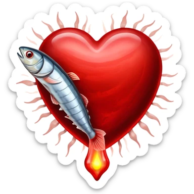 Glowing pieces of liver, red meat, and sardines floating around a red blood cell that shines brightly like a torch. Streams of light connect the blood cell to a heart and muscles, showing how heme iron creates energy and vitality throughout the body. sticker