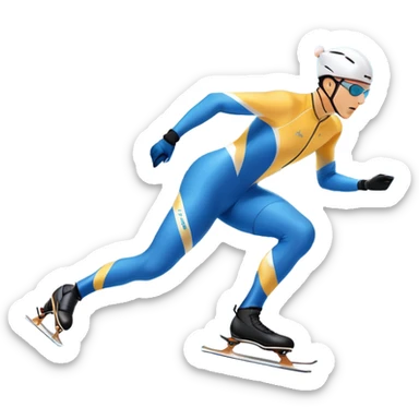 An icon showing a speed skater in a dynamic pose racing along a glossy ice track. The background features a clear blue sky, stadium stands with spectators, and snowy surroundings. Transparent background captures the speed, focus, and energy of professional speed skating. sticker