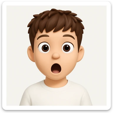 Create a 3D cartoon emoji character with a large head, big eyes, smooth skin, simple features, and a surprised face. The style should be clean, modern, and minimalistic with soft lighting and a white background. The character should be front-facing and inspired by the Apple Memoji/Pixar style as shown in the reference image. sticker