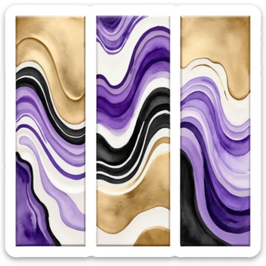Black, white, gold, purple, abstract Watercolor paintings on three canvases next to each other  sticker