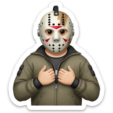 a cartoon image of Jason Voorhees, looking cute, with his hands clasped in front of him, at a sideways angle sticker