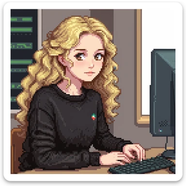 pretty brown-eyed blonde young woman with wavy hair, wearing a black sweater, working on a computer in a cozy office sticker