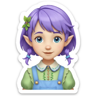 Kind happy whimsical quirky Girl toymaker, wood carving elf. Woodland nature creator. Blue eyes. Short bob, brown wavy hair with bangs. Whimsical playful cute. Overalls with nature embroidered cute shirt collar. Light green, light purple and light blue colour aesthetic  sticker