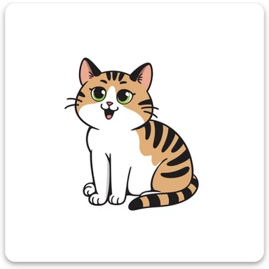 Brown, white, and black tabby cat with green eyes sitting to show its white belly, hand-drawn style sticker