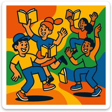 Group dance with a group performing dance moves with open books, smiling, lively and fun atmosphere, vibrant and playful style sticker