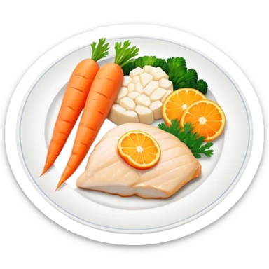 A plate with chicken, fish fillet, and bright orange carrots, with vitamin A nutrition labels sticker
