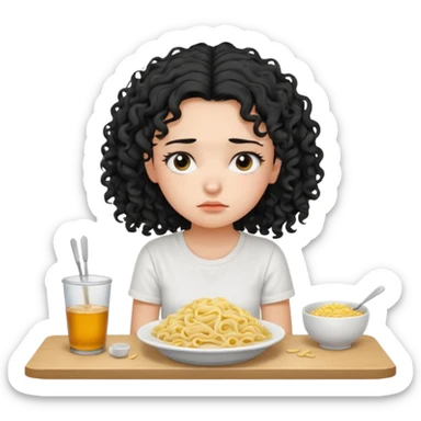 generate a pretty bratz fair skinned girl with curly black hair wearing a white tshirt sitting on a table with noodles. looking sleepy and tired sticker