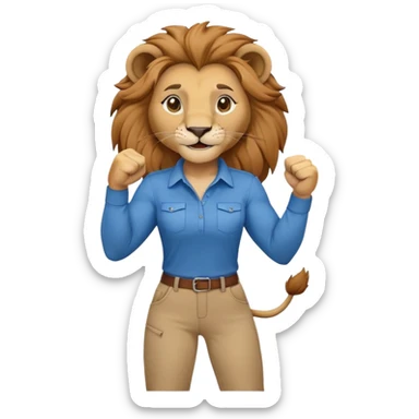 friendly anthropomorphised female lion in a shirt and pants with fist raised, energetic pose sticker