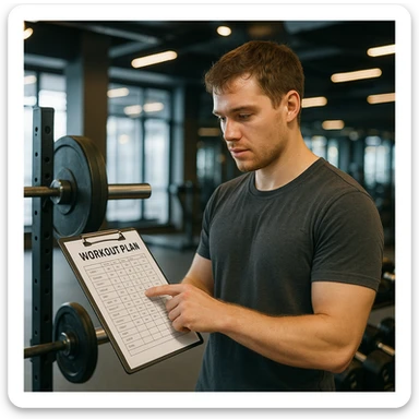 beginner subject in gym, consulting workout chart near barbell and dumbbell rack, attentive expression, motivating atmosphere, realistic details, modern gym background, 4K quality sticker