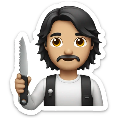 man holding a cutter, long black hair sticker