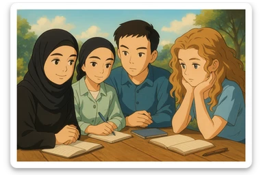 Scène de quatre étudiants inspirés des photos, discutant et réfléchissant ensemble, ambiance détendue, fond inspirant, style Ghibli, plusieurs carnets et stylos sur la table. sticker