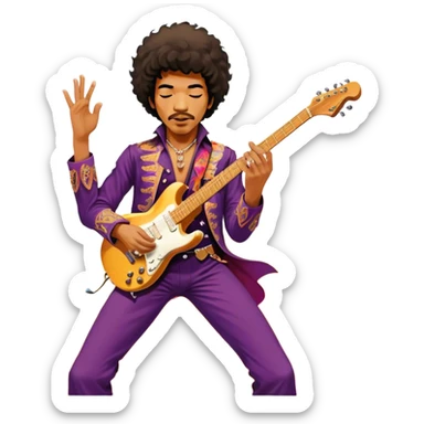 Icon for Rock Music: Jimi Hendrix playing his iconic guitar on stage, surrounded by his band. The design should capture the electrifying energy of his performance with vibrant lighting, swirling colors, and musical intensity. Transparent background. sticker