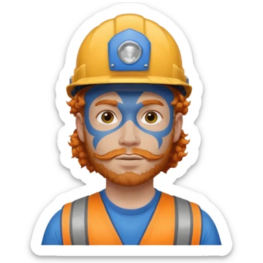 construction worker man ginger curly hair, blue helmet and heavy face tattoo sticker