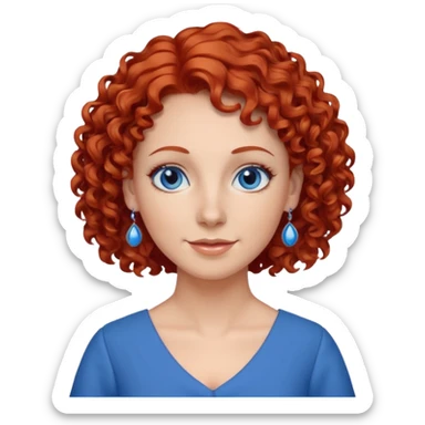 una profesora simpática con el pelo rojo rizado, ojos azules, vestido azul y pendientes azules sticker