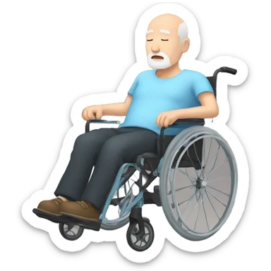 a sleeping bald old man with white beard, black shorts, light-blue shirt, on a wheelchair. His head is falling to the side from sleeping sticker