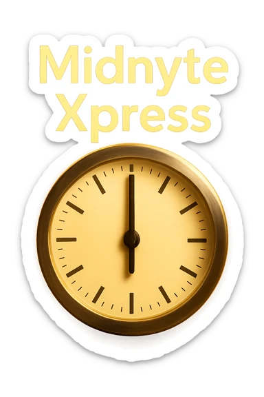 Add a glowing effect around the clock and the text 'Midnyte Xpress', keeping the realistic look and transparent background. Maintain the realistic style and enhance the glow effect around both the clock and the text for emphasis. sticker