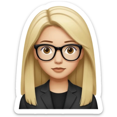 A woman with light skin tone, long straight blonde hair parted to the side, large brown eyes, wearing black-framed glasses, and a neutral expression with a slight smile. sticker