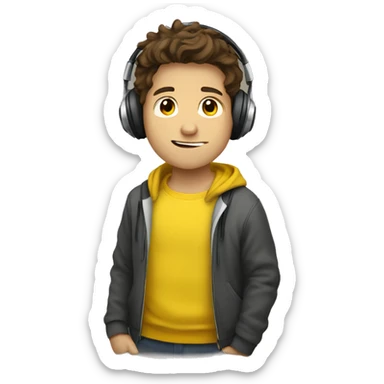 a brown hair boy with headphone and yellow pullover ay "hi" sticker
