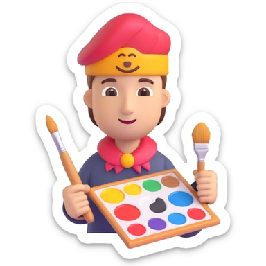 a chief of creative character, professional yet imaginative, holding a paintbrush and palette, artistic elements, 3D emoji style sticker