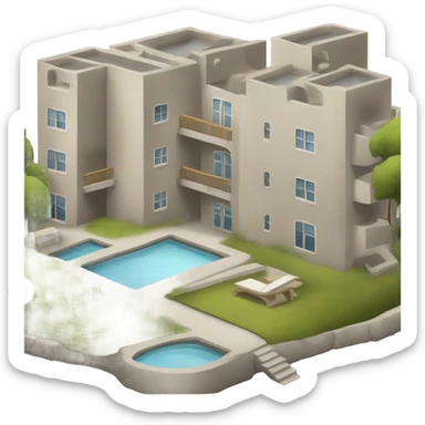 a complex of apartments in concrete and light colors, next to the complex there are beds with ears of grain, benches made of natural materials and a pond sticker