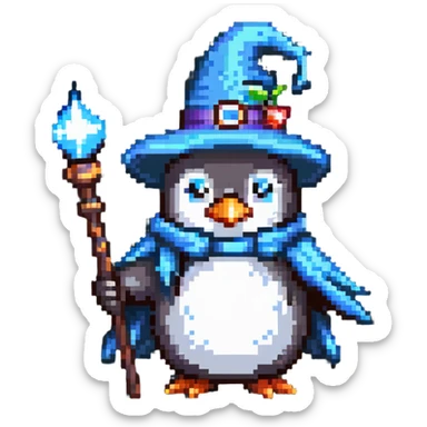 penguin wizard with a pointy hat and magic staff sticker