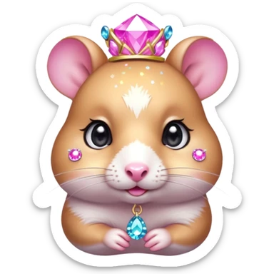 glamorous hamster portrait, head and shoulders only, exaggerated pink makeup, bright eyeshadow, long eyelashes, shiny blush cheeks, sparkling face gems, glitter accents, elegant earrings, fantasy beauty style, cute 3D cartoon, mobile game icon style, clean background, no text, no watermark
 sticker