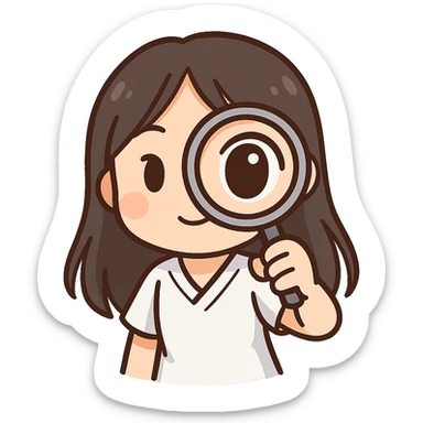 3D chibi bitmoji style sticker of a girl with long dark hair, white medical top, looking at the viewer through a magnifying glass, face close to the screen, one eye enlarged, white outline, transparent background sticker