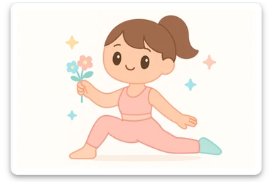 stylish pilates girl in pink, holding flowers, modern aesthetic sticker