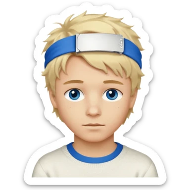 Create a look for a blond boy with long, tousled hair, light eyes, a white sweater, a wealthy appearance, blue eyes, and accessories like a Rolex or Cartier watch, and a cute face with messy hair down. blue eyes + headband white sticker