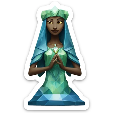 Sculpture oracle priestess with a geometric faceted design with disney features. Oracle of delphi is sparkling and standing upright on a base with angular and flower features. The vibrant blues neutrals and greens highlights the sharp edges and planes.  sticker
