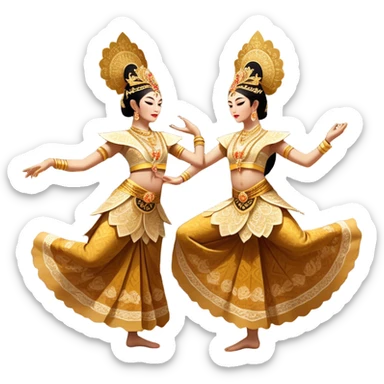 ​Cinematic Realistic Traditional Javanese Dancers, depicted as two graceful dancers in ornate traditional costumes with intricate batik patterns and elaborate headpieces, captured in dynamic poses during a ritual dance in an ancient temple courtyard, rendered with soft golden lighting and rich cultural textures, sticker