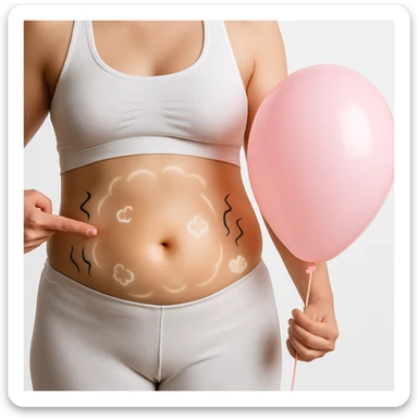 Realistic style edit of the woman identical to the photo with a visibly swollen belly. Include symbols of bloating such as curved lines, small clouds, or a glow around the abdomen area. sticker