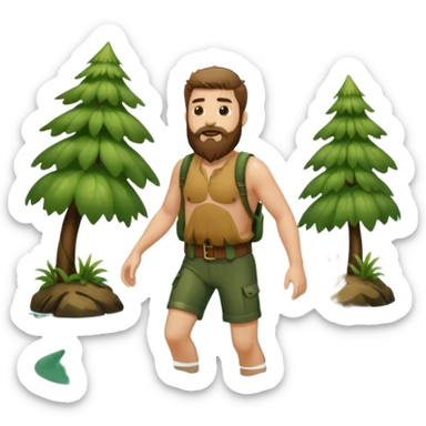 full body bearded forest man stepping out of water, back and shoulders wet, vine belt sticker