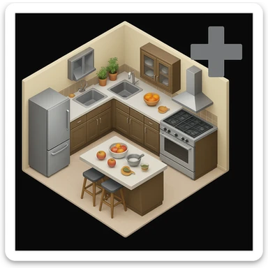Add a prominent plus (+) symbol to the top right corner outside the kitchen area, keeping the style consistent with the original kitchen emoji. sticker
