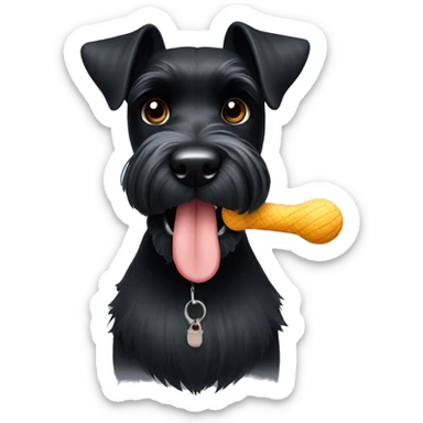 A black miniature schnauzer with a dog toy in his mouth   sticker