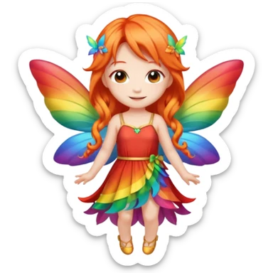 fairy with long orange hair, rainbow wings, red dress, happy, chibi full body sticker