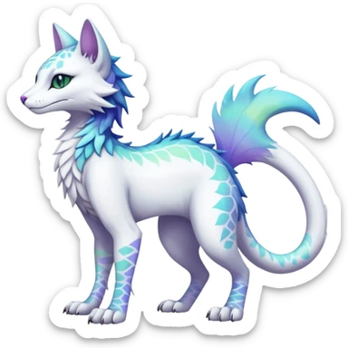 Kawaii white iridescent edgy fantasy feline-vernid-sergal-fursona animal creature with a tufted tail full body with intricate markings  sticker
